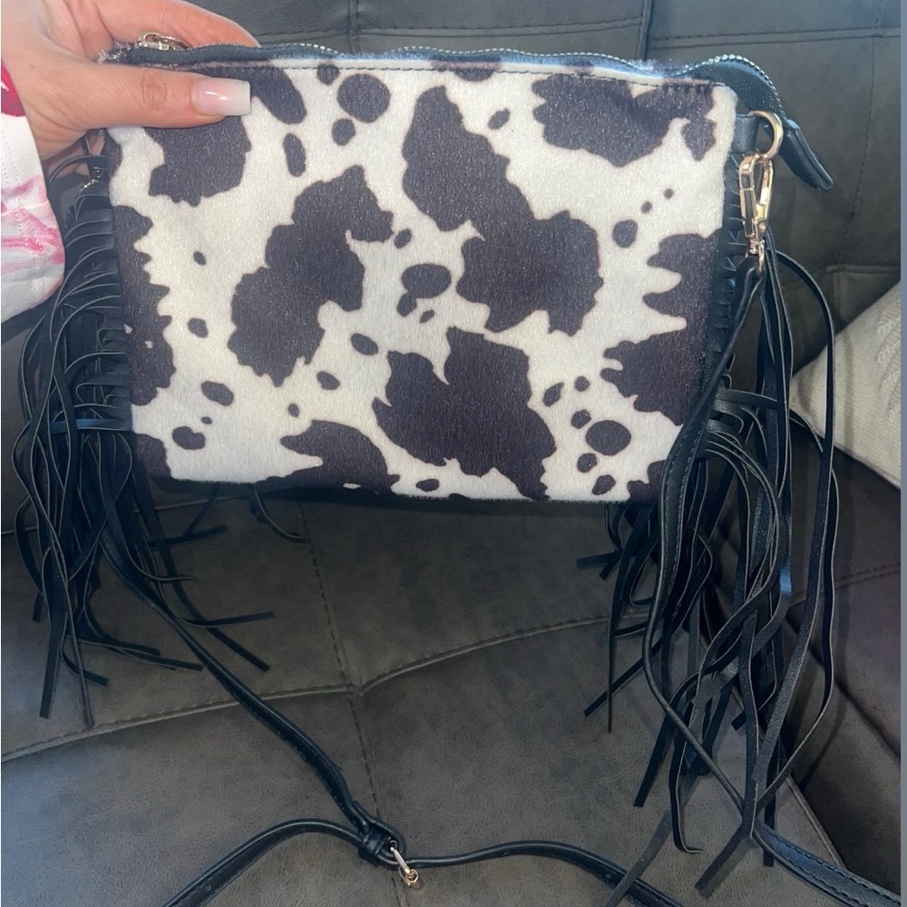 Cowhide Print Black and White Fringe Crossbody Bag